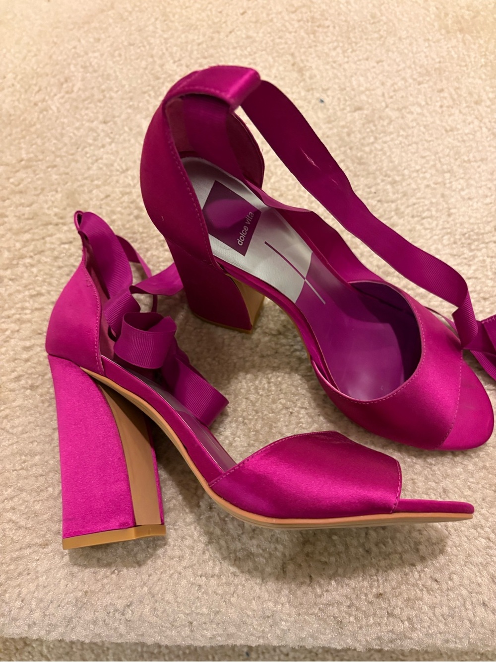 Dolce Vita Fuchsia Satin Block Heel Sandals with Ankle Ribbon